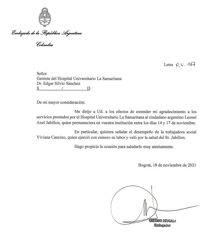Embajada de Argentina: Nota de agradecimiento
